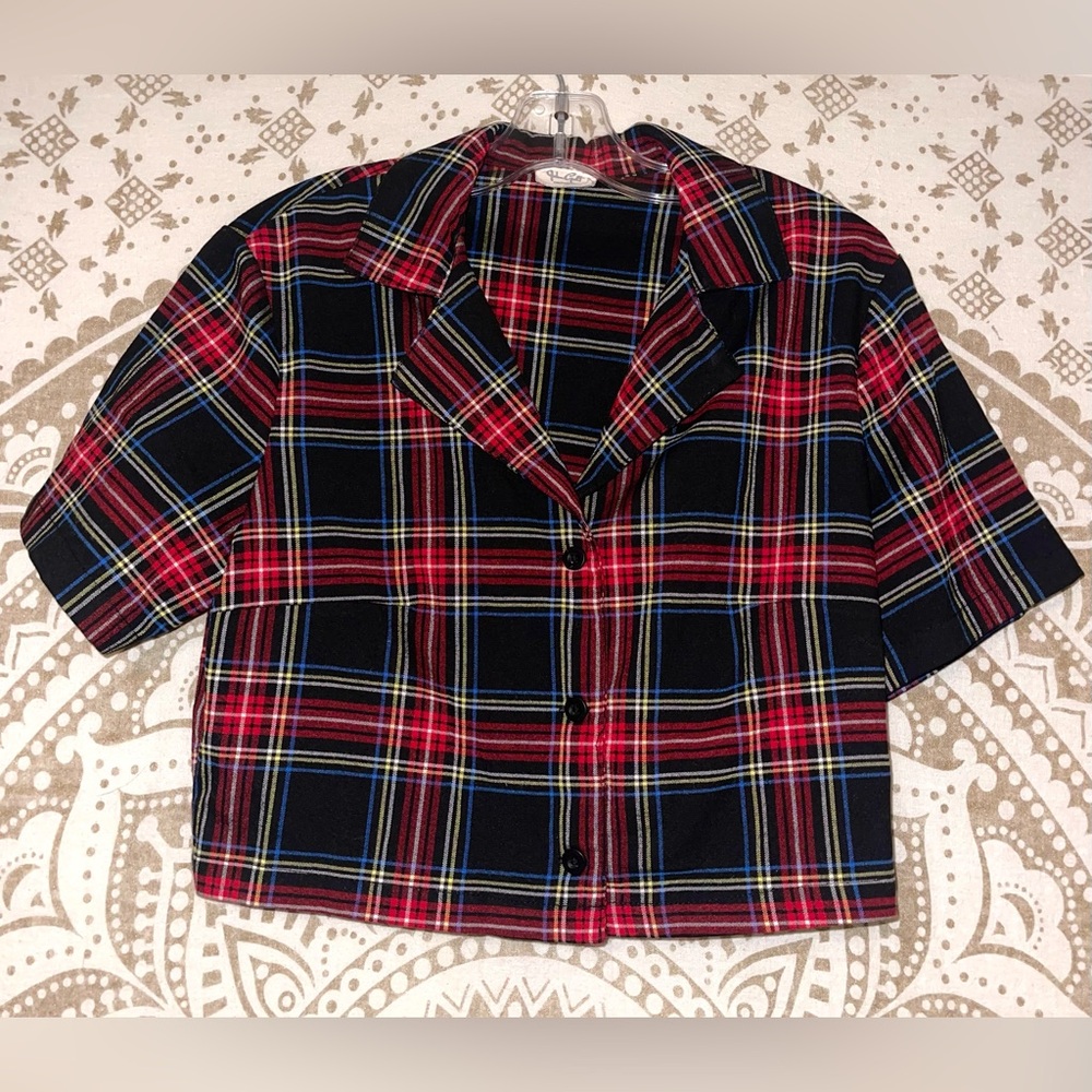 "JOHN GALT" FOR BRANDY MELVILLE PLAID SHORT SLEEVE BUTTON-UP BLOUSE, ONE SIZE
